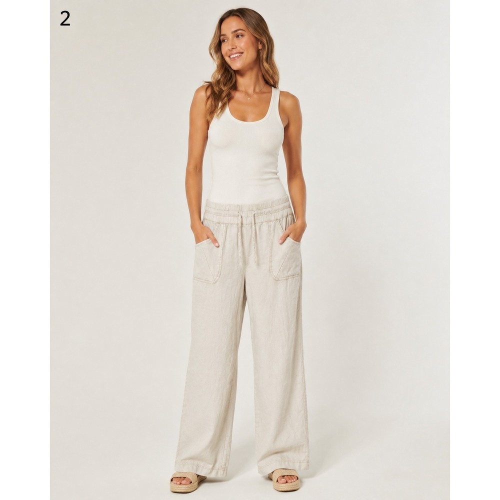 Athleta Beachy Wide Leg Lounge Pants Womens 12 White Linen Pockets Tie Waist